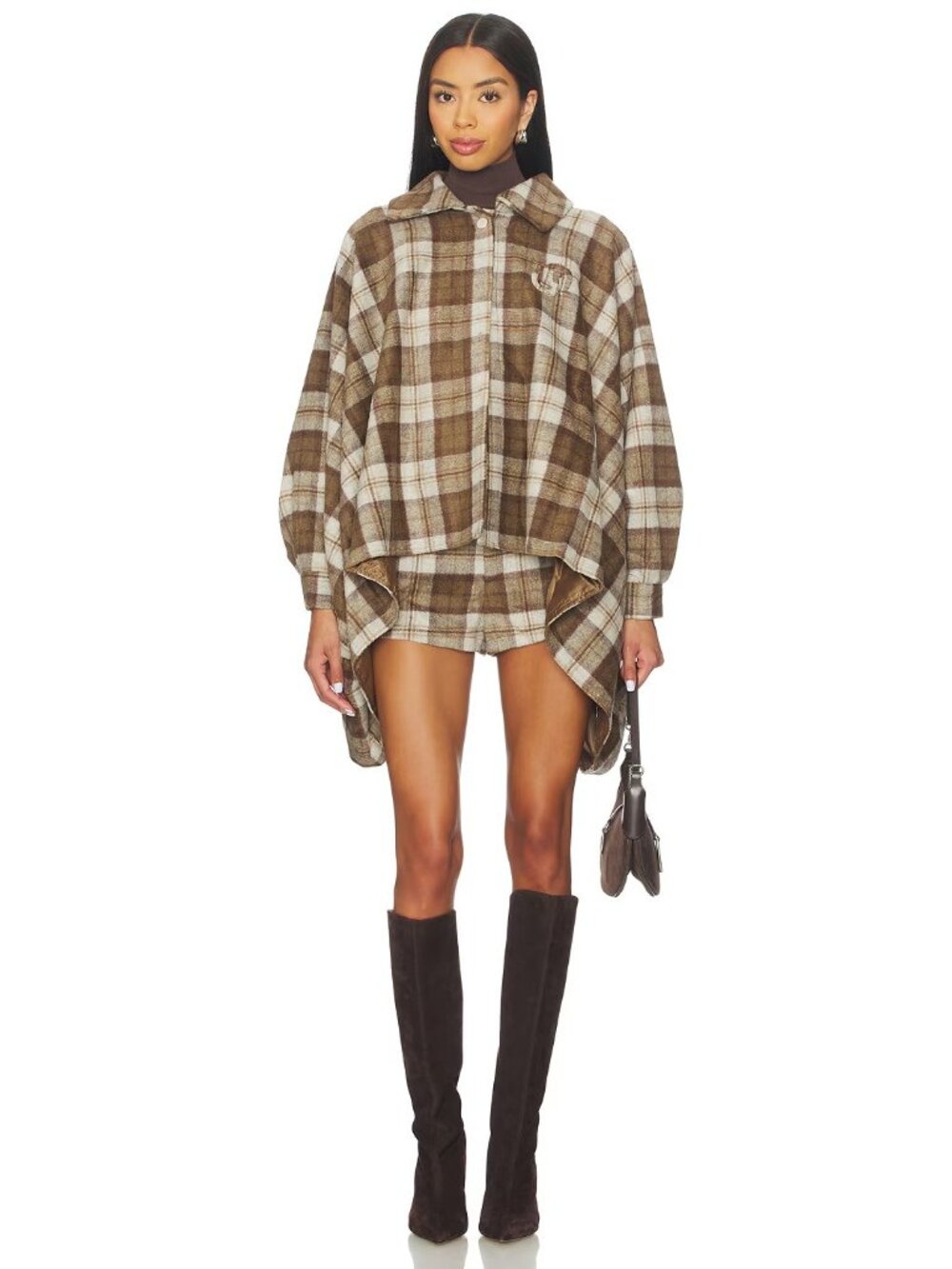 Understated Leather Plaid Western Cape in Cream & Brown - Picture 4 of 5